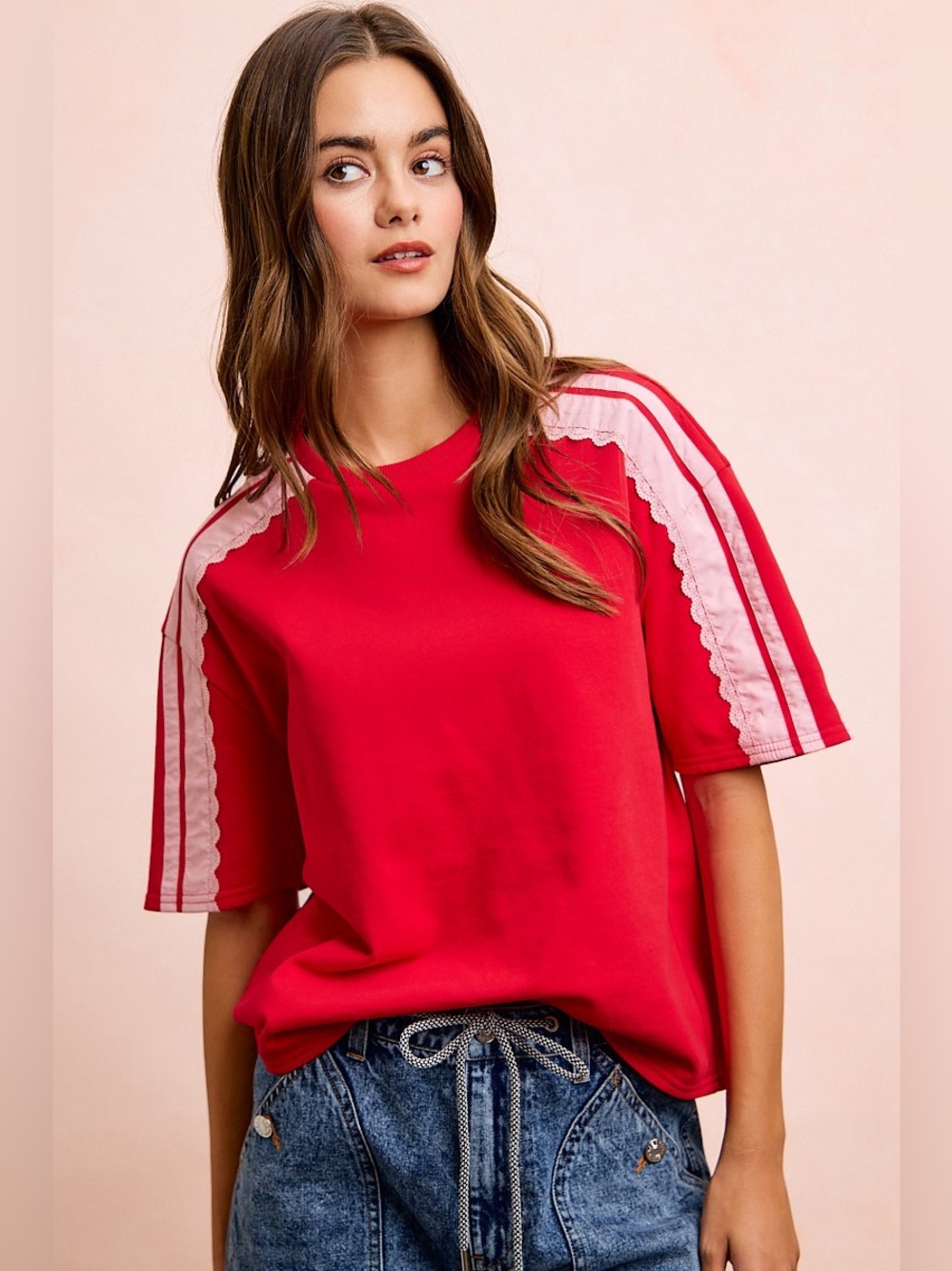 BiBi French Terry Side Lace Detail Short Sleeves Top - Picture 14 of 15